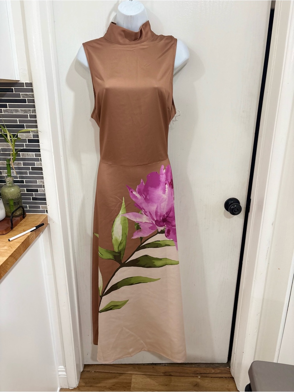 Worthington Brown Maxi Dress with Pink Floral Print